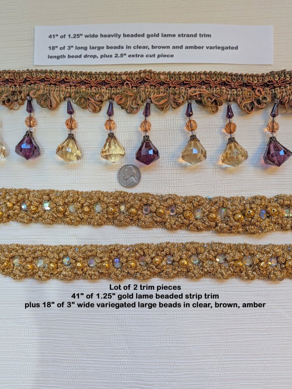 Lot of 2 trim pieces, 41" of 1.25" gold lame beaded strip trim, & 18" of 3" lame